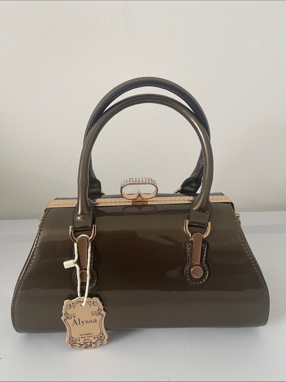 Alyssa Olive Patent Satchel with Gold Accents